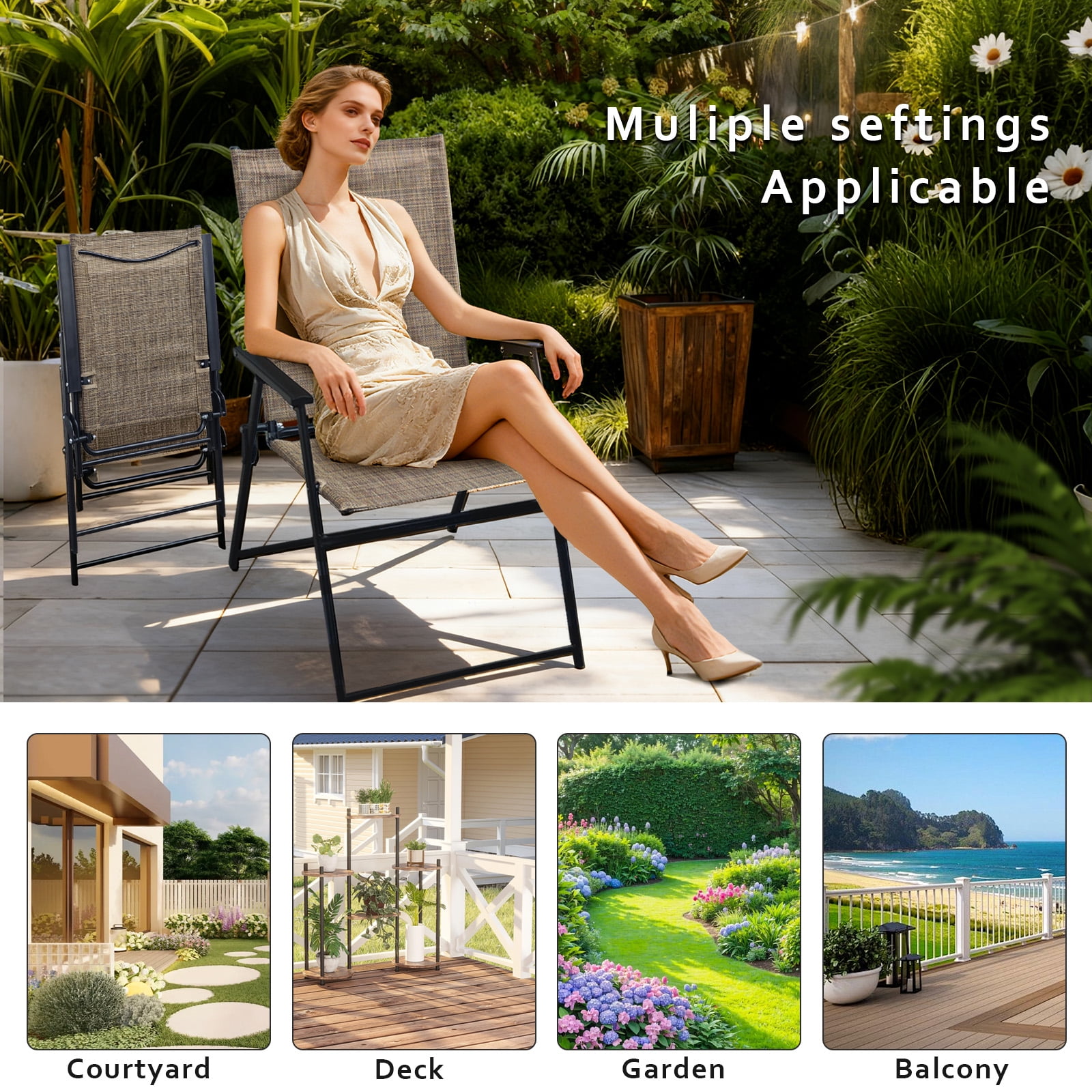 Set of 2 Outdoor Folding Chairs, Portable Patio Dining Chairs with Armrests & High Back, Sturdy Steel Frame for Garden, Lawn, Poolside, Camping (Brown)