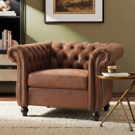 Christopher Knight Home Chesterfield Club Chair with Scrolled Arms and Solid Wood Legs, Brown