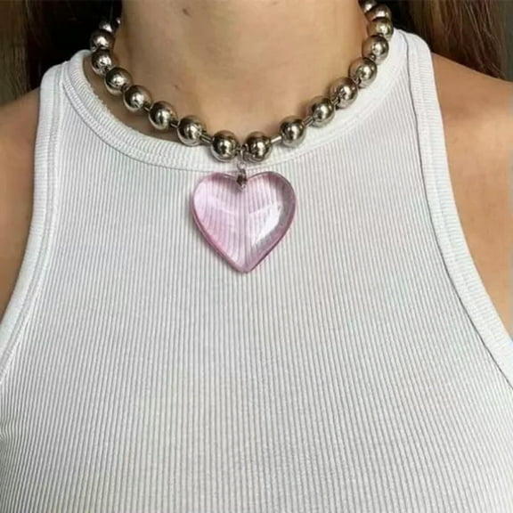 HOOUN Love Heart Necklace Big Glass Heart Pendant Chain Beaded Choker Neck Jewelry-Pink