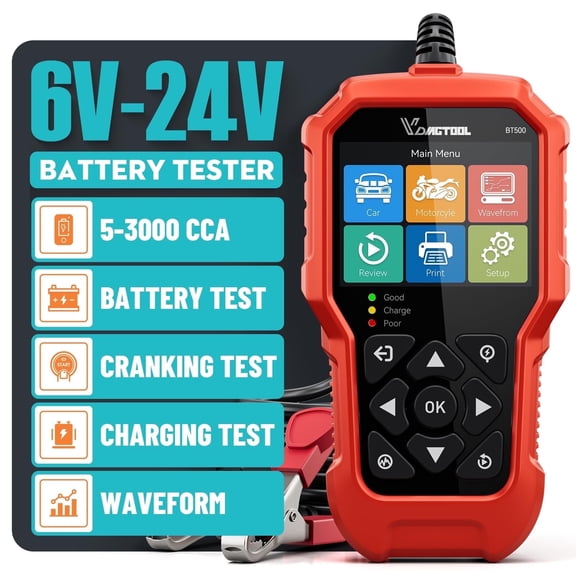 VDIAGTOOL BT500 Car Battery Tester 6V 12V 24V, 5–3000 CCA Load Tester with Cranking & Charging Test, for Car Truck SUV Motorcycle Boat