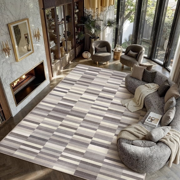 BERTHMEER 9'x12' Large Area Rugs for Living Room Bedroom Office Modern Contemporary Geometric Carpets Non Slip Washable Farmhouse Dining Room Gray Striped Pattern Rugs