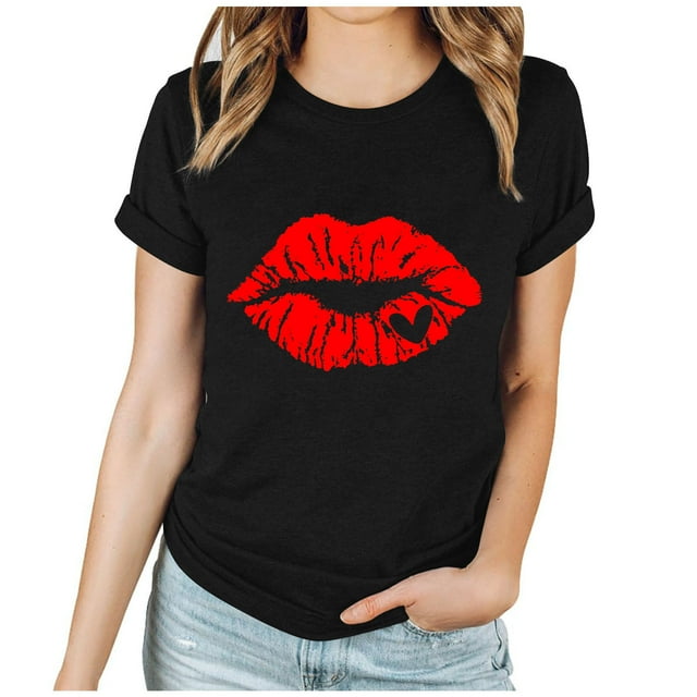 RKSTN Hauts pour Femmes 2024 Printemps Été Imprimé Graphique Col Rond Manches Courtes Hauts Saint-Valentin Couleur Unie Blouse Ample Décontractée