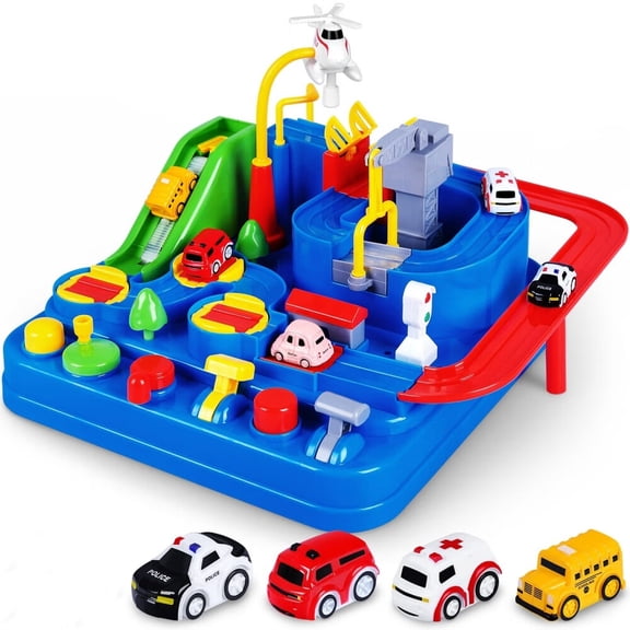 Car Adventure Toys for Kids,City Rescue Playsets Magnet Toys w/ 4 Mini Cars,Puzzle Rail Car,Preschool Educational Car Games Gift for 3 4 5 6 7 Year Old Boys Girls (Blue)