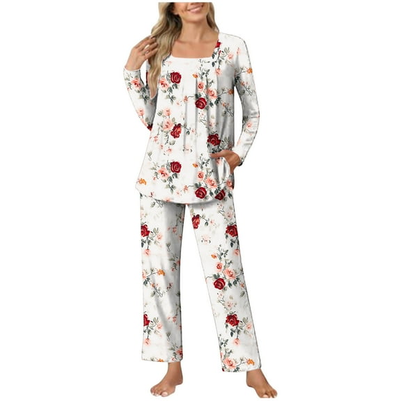 Tnhcen Soft Flattering Home Clothes Women’s Fashion Print Nightgown Set Long Sleeve Round Neck Pajamas with Pockets S-2XL