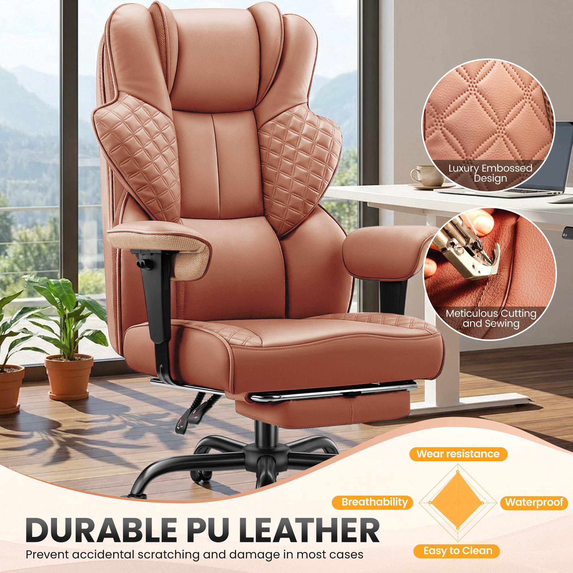 COOLHUT Big and Tall Office Chair 500lbs, Heavy Duty Ergonomic Office Desk Chair with Deluxe Embossing PU Leather with Footrest, Executive Gaming Chair with Lumbar Support, Brown