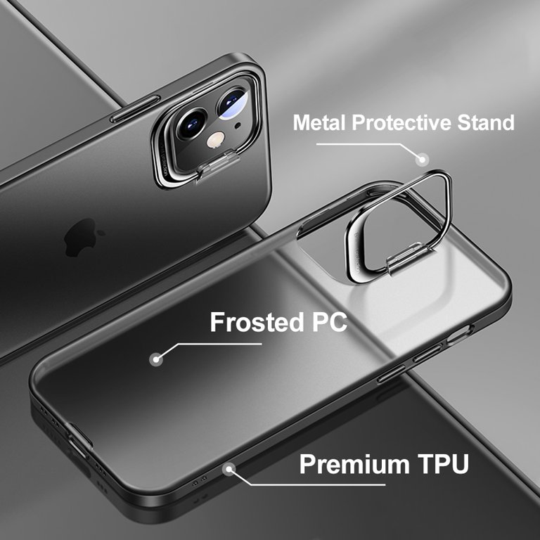 Apple iPhone 12 /6.1 Phone Case Semi Transparent Frosted Heavy Duty  Protective with Stand Shockproof Bumper Frame Cover for iPhone 12 [Black]