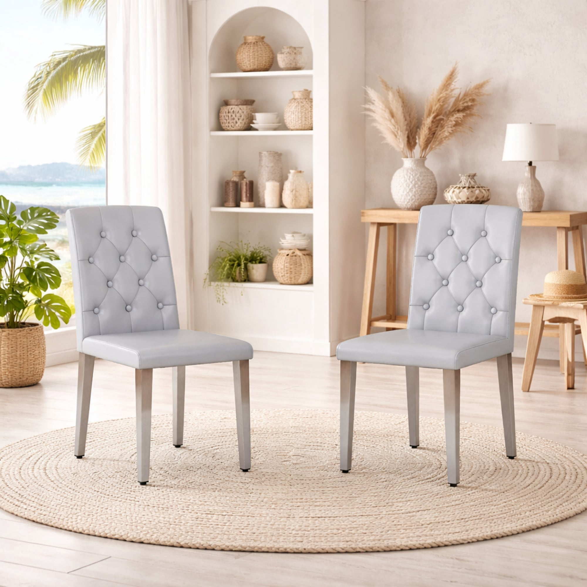 TesNus Dining Chairs Set of 2, 35" Height Light Gray PU Leather Tufted Back Upholstered Chairs with Silver Metal Legs for Dining Room Kitchen
