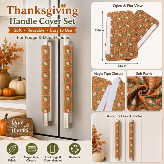 2-Pack Door Knob Covers with Fall Pumpkin and Acorn Pattern, Fabric Door Handle Protectors, Orange and Green, for Front Door and Bedroom, Fall Decorations