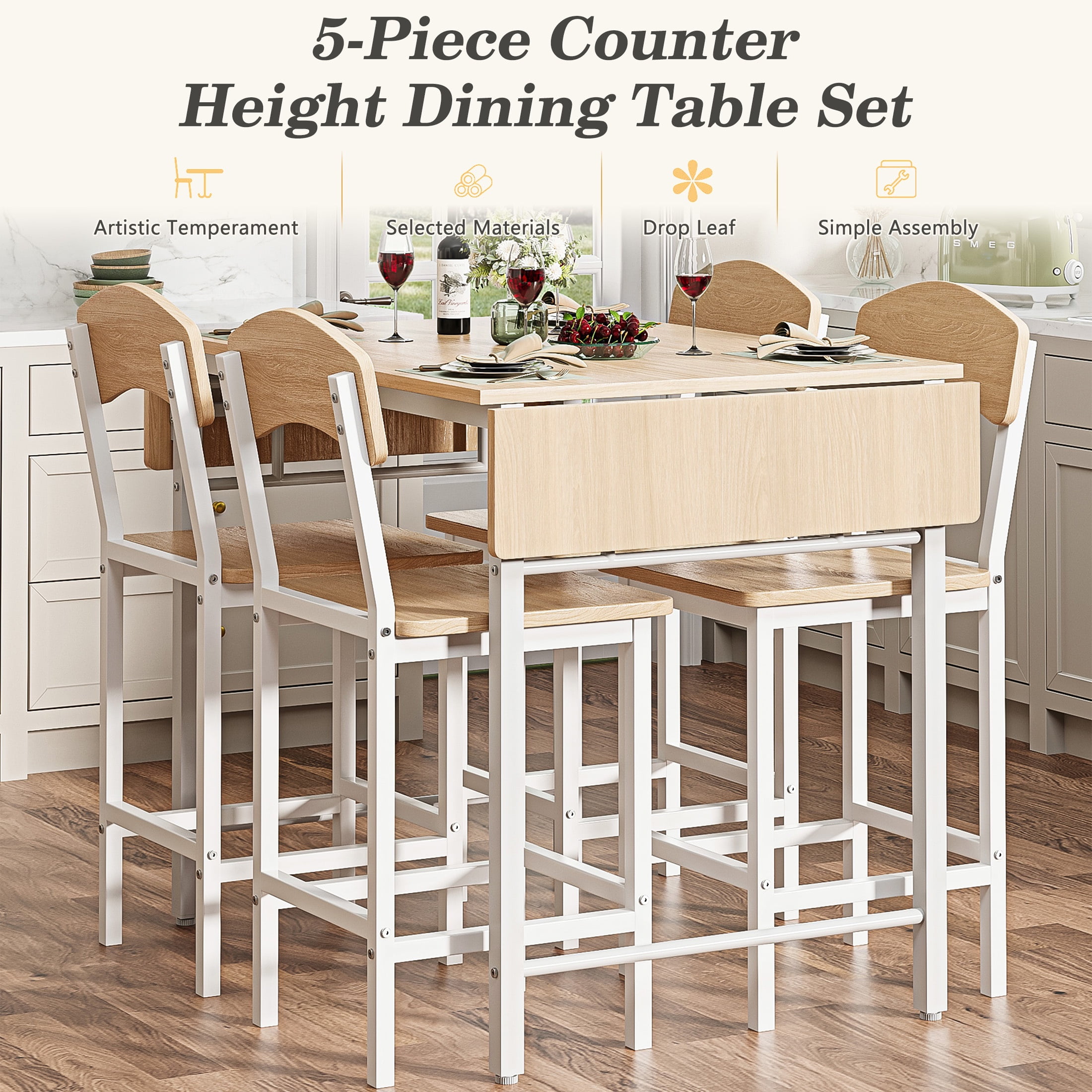 Dining Table Set for 4, PAPROOS 5 Piece Dining Set with Chairs, Counter Height Drop Leaf Dinner Table and 4 Stools for Kitchen Dining Room Breakfast Nook, Natural & White
