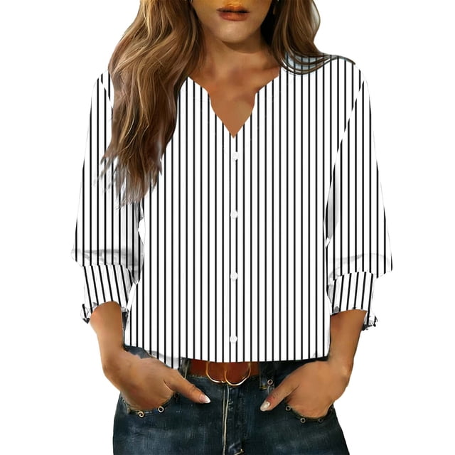 Camisas de Cuello de la Tripulación de Manga Corta para las Mujeres Moda Verano Casual Botón Arriba Cuello en V con Tejido Súper Suave