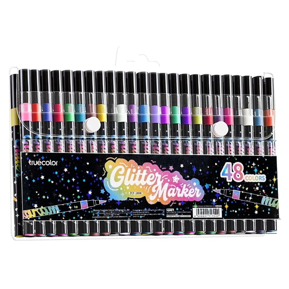 Truecolor Glitter Markers, 48 Colors, Water-Based Soft Tip, Non-Bleed, Fine & Broad Lines for Drawing Journaling Crafts