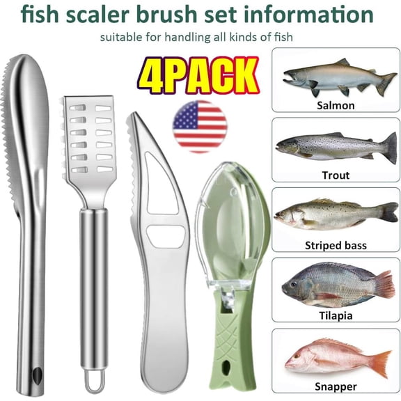 4Pieces Fish Scaler Remover, Fish Scaler Brush, Stainless Steel Fish Cleaning Kit Fish Scaler Fish Skin Graters Cleaning Peeler Scaler Scraper for Kitchen Fish Scales Removing Peeling
