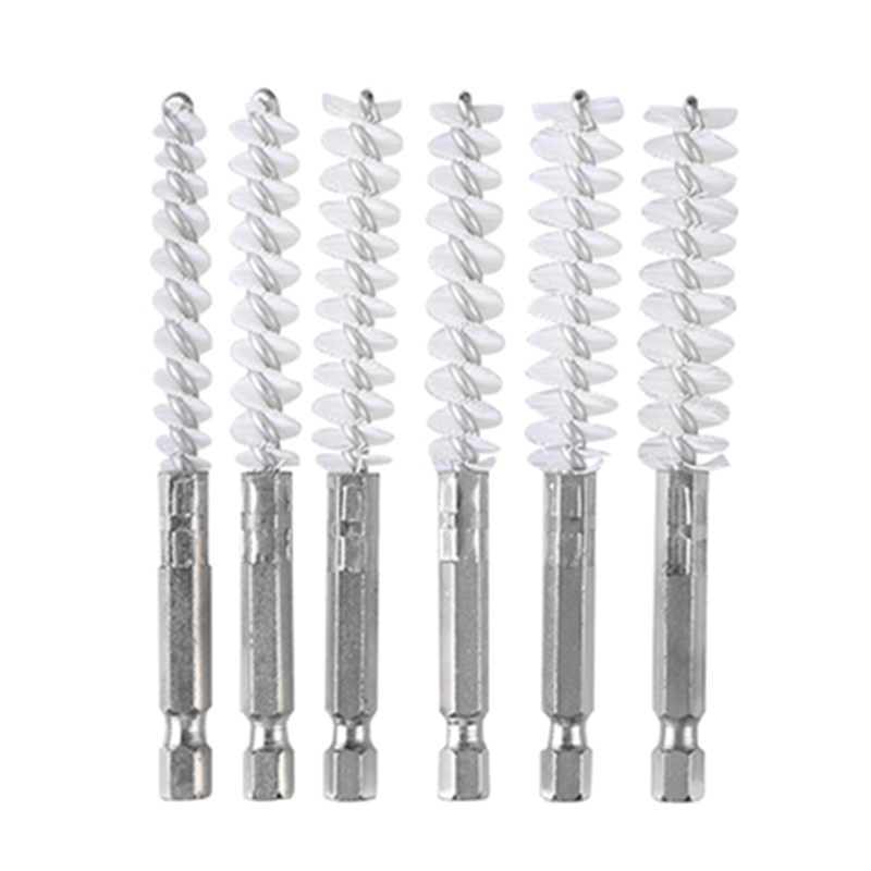 JZROCKER 6pcs Stainless Steel Bore Brush Nylon Bristles Twisted Wire Brushes with Hex Shank