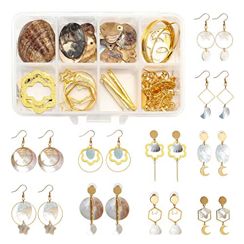 1Set DIY Shell Earring Making Kits With Shell Pendants & Links & Beads  Glass Pearl Beads And Brass Earring Hooks Mixed Color 25 * 2mm Hole: 2mm  For DI