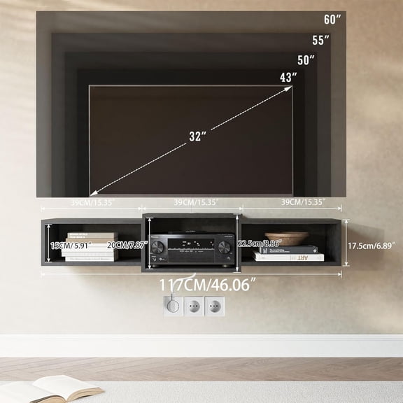 Floating TV Stand Wall Mounted with Power Outlet, Modern Wood Wall Mounted Media Console Shelf, Floating Entertainment Center for Under TV Storage for Living Room Bedroom Office, Black WST001B-