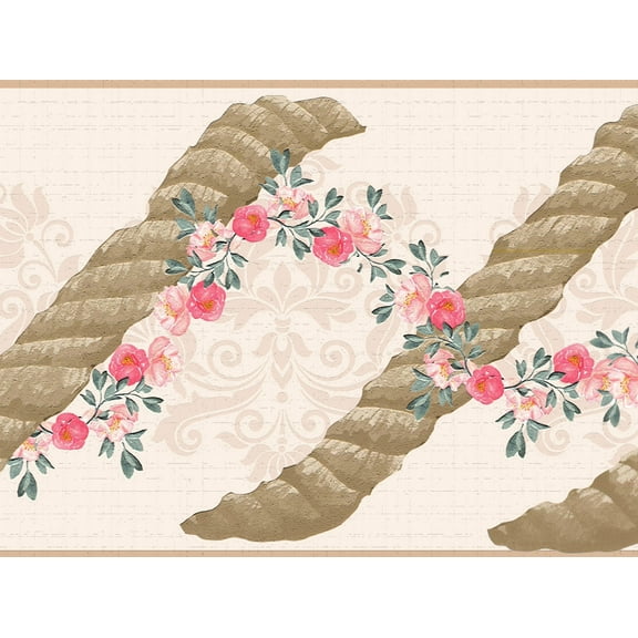 Dundee Deco's Peel and Stick Wallpaper Border - Damask Pink Brown Rope Flowers Wall Border Retro Design, 15 ft x 7 in, Self Adhesive
