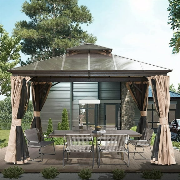 Mondawe 12'x12' Hardtop Gazebo, Permanent Outdoor Gazebo with Polycarbonate Double Roof, Aluminum Gazebo Pavilion with Curtain and Net for Garden, Patio, Lawns, Deck, Backyard(Brown)