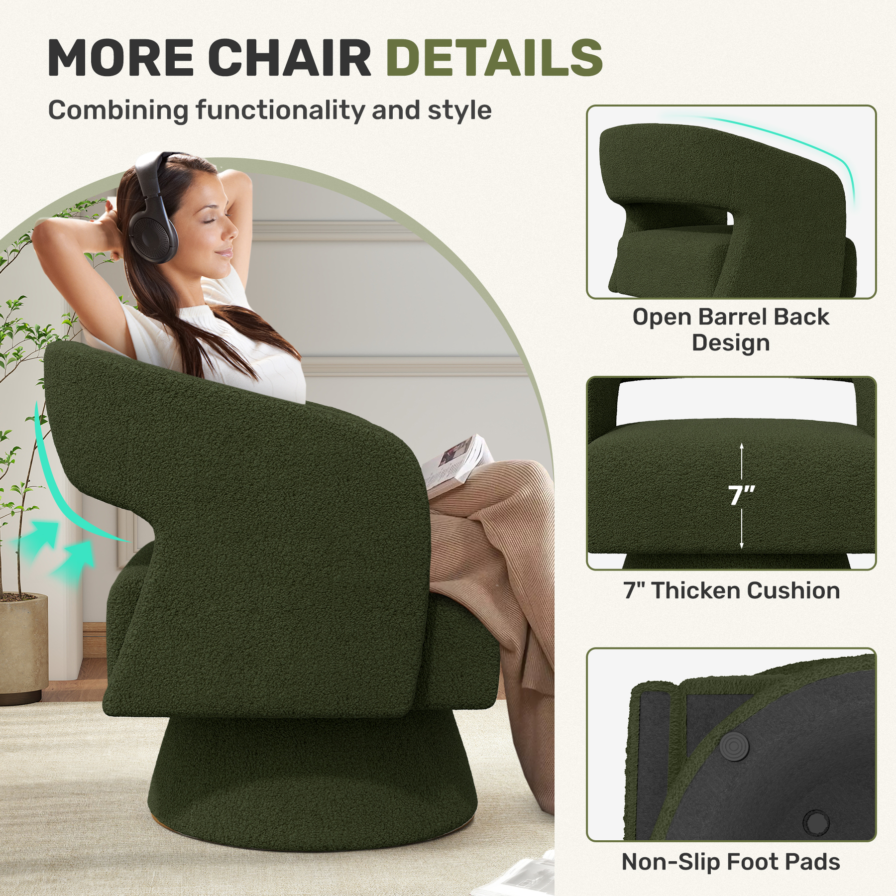 MOONMISS Swivel Barrel Accent Chair,Oversized Teddy Upholstered Round Swivel Chair,Modern Luxury 360 Degree Living Room Vanity Chair for Bedroom Office,Green