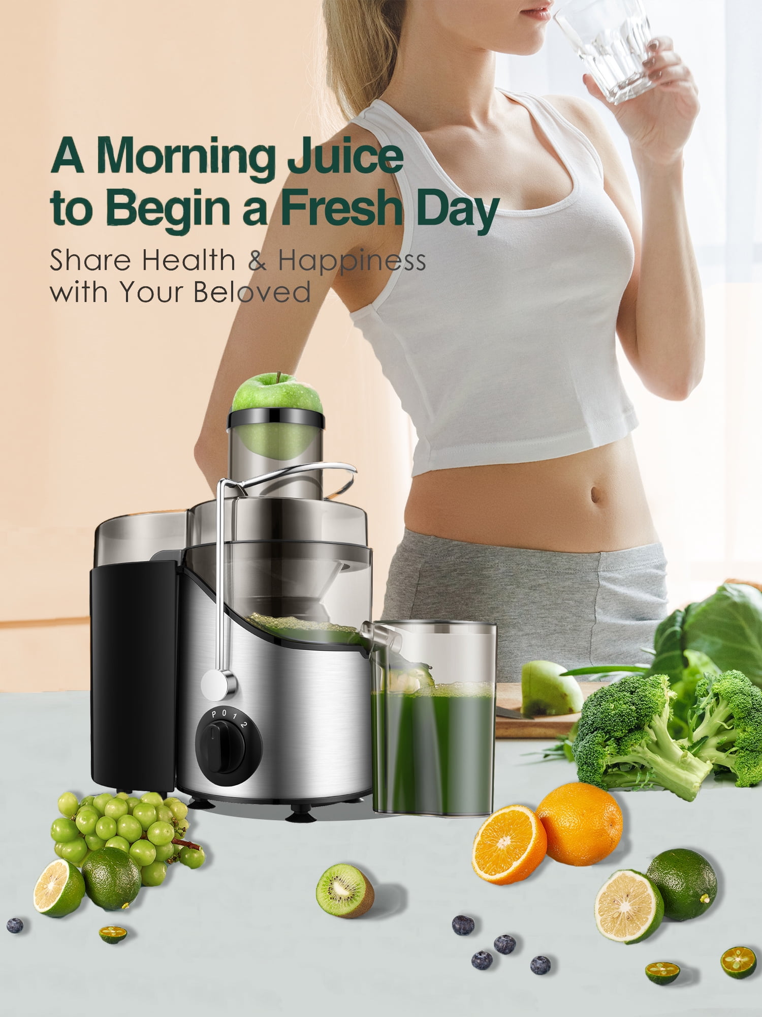 HOUSNAT Juicer Extractor Easy Clean, 3'' Wide Mouth, 3-Speed Control, Non-Slip Black