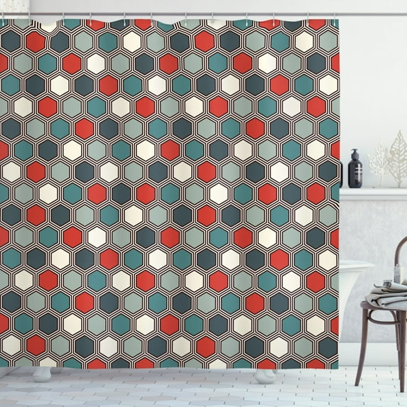 Geometric Shower Curtain, Abstract Honeycomb Inspired Geometric Mosaic Tiles with Vivid Colors Pattern, Fabric Bathroom Set with Hooks, 69W X 75L Inches Long, Multicolor, by Ambesonne