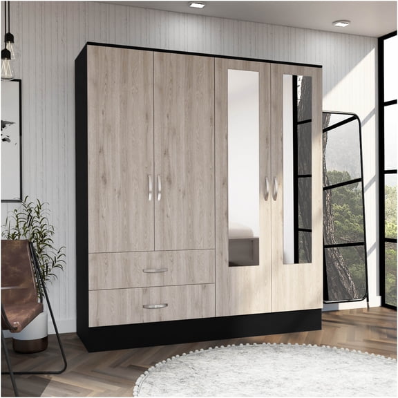 JERFIT Modern Armoire Wardrobe with Mirrors, Double Door Storage Cabinet & 6 Shelves for Bedroom, Multicolor