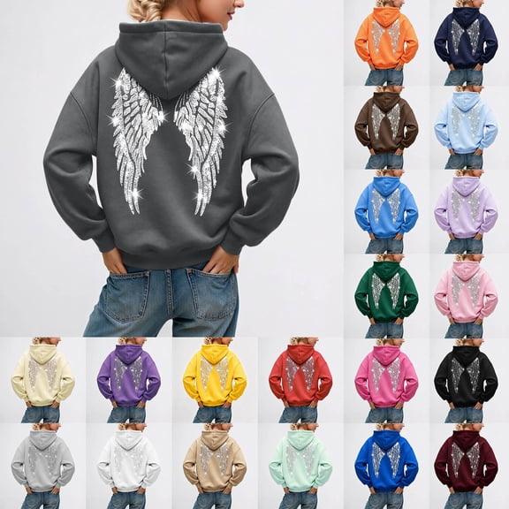 Angel Wings Hooded Sweatshirt for Women Embroidered Oversized Sparkly Long Sleeve Pullover Y2K Drawstring Hoodie with Pockets Black XS-5XL