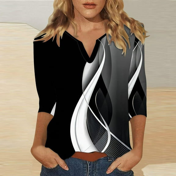 3/4 Sleeve Tops for Women Summer Notched V Neck Plain T Shirts Casual Cute Three Quarter Length Blouses Black 3XL