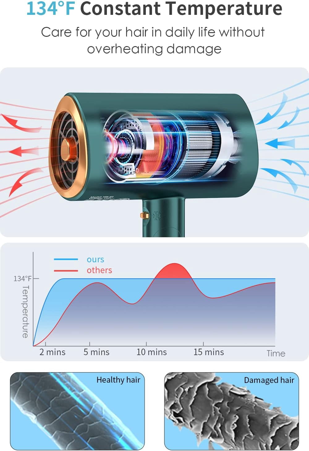 Professional Ionic Hair Dryer Blow Dryer with Diffuser and Concentrator for Curly Hair,Foldable Handle Travel Hair Dryer,Constant Temperature Hair Care (Vintage Green)