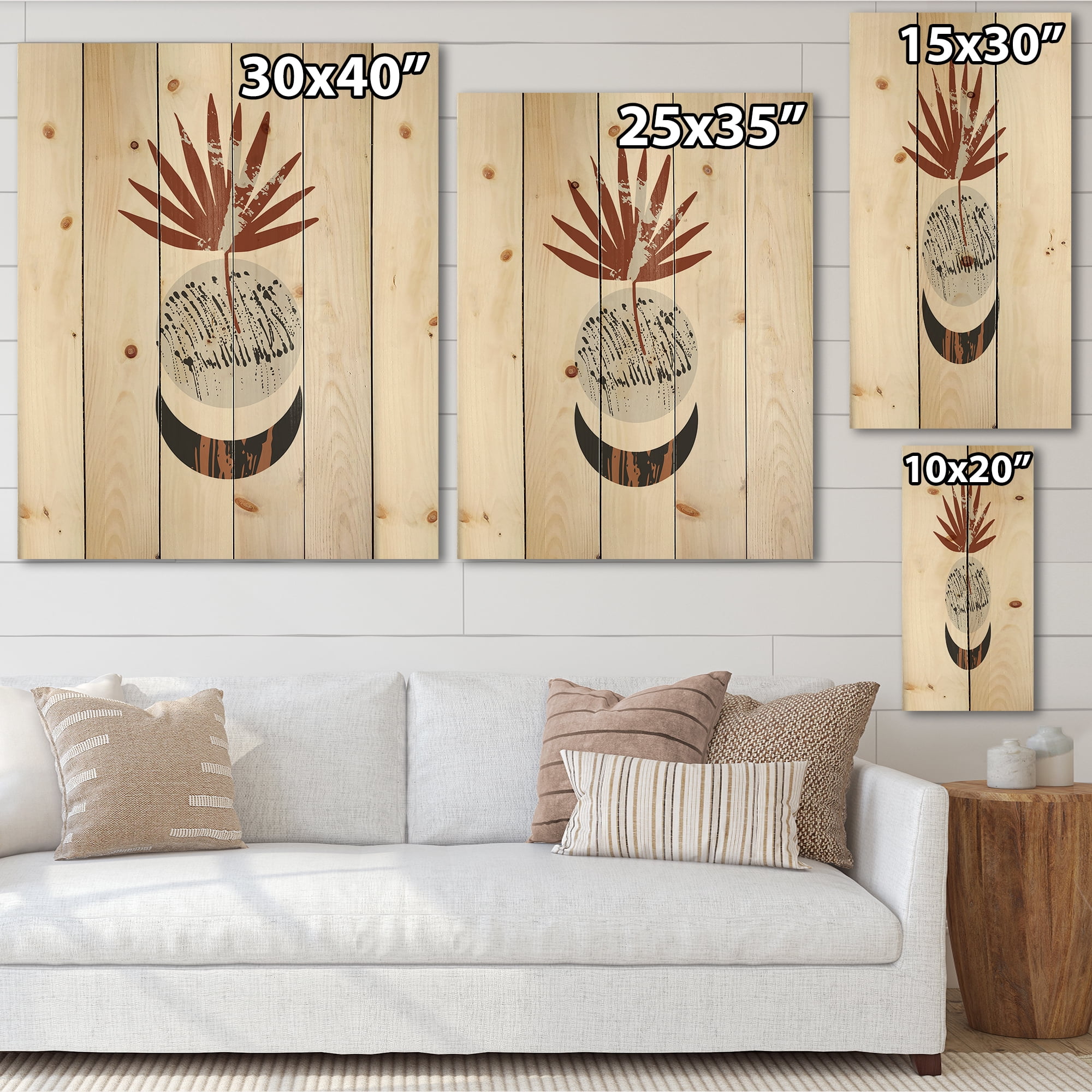 Designart 'Sun and Moon Shapes In Retro Terracotta Tones V' Modern Print on Natural Pine Wood