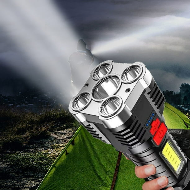 Linterna portátil recargable para acampar y hacer senderismo, súper brillante, para exteriores, hogar, 5 LED, mecha, luz de largo alcance, linterna de patrulla, luz de mano, lámpara de mano