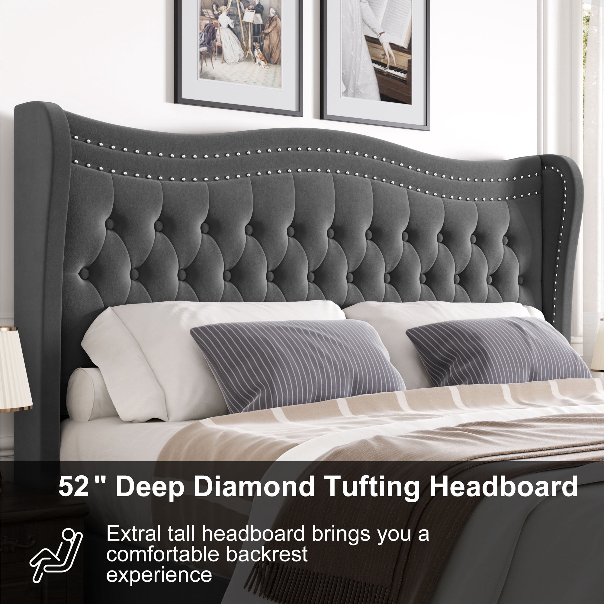 Gewnee Queen Size Upholstered Bed Frame with Wingback Headboard,Velvet Diamond Tufting Headboard and Double Nail Design Tufted Bed Frame,No Box Spring Needed.Gray