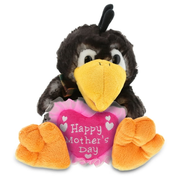 DolliBu Happy Mother's Day Super Soft Plush Sitting Crow Figure - Cute Stuffed Animal with Pink Heart Message for Best Mommy, Grandma, Wife, Daughter - Cute Wild Life Bird Plush Toy Gift - 9.5" Inches