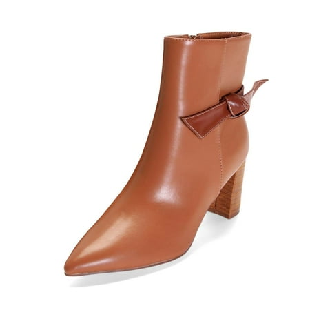 

XYD Women Classic Side Bow Pointy Close Toe Ankle Boots Chunky High Heel Side Zipper Bootie Winter Shoes Size 7.5 Brown