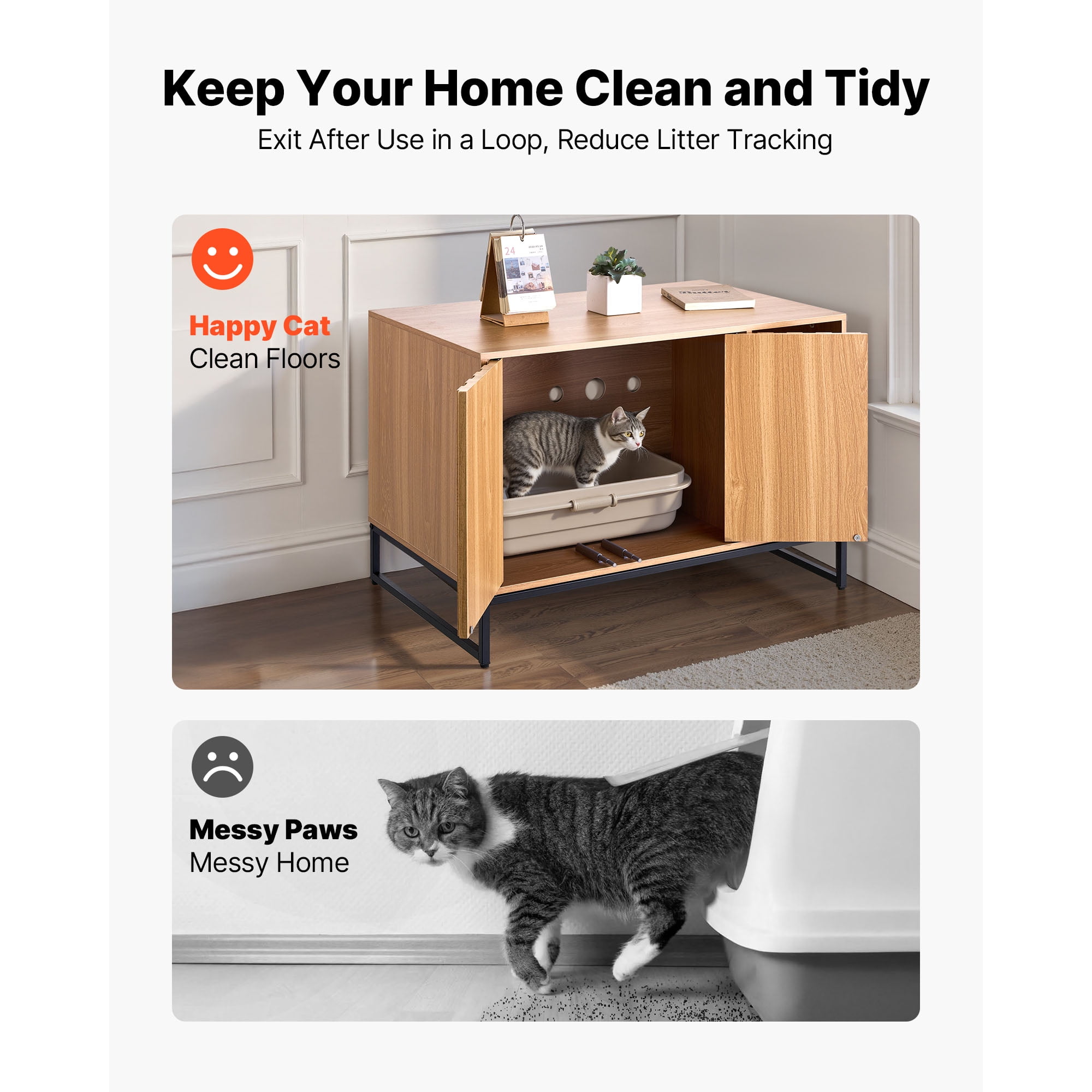 KFFKFF Cat Litter Box Enclosure Cabinet, 31.5 in Hidden Litter Box Furniture with Scratch Pad & Storage, Waterproof Cat Washroom Table for Bedroom or Living Room, Compatible with Most Litter Boxes