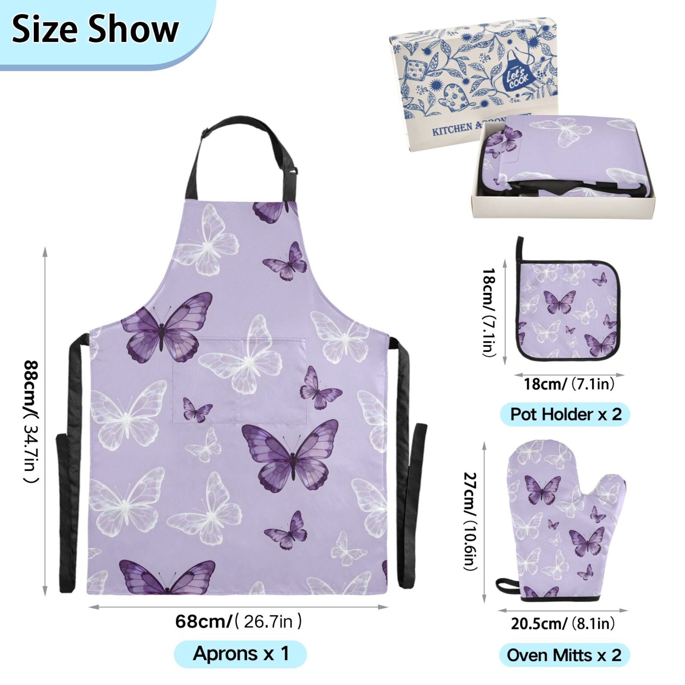 Ryvnso Butterfly Purple Kitchen Apron Oven Mitts Set Pot Holders