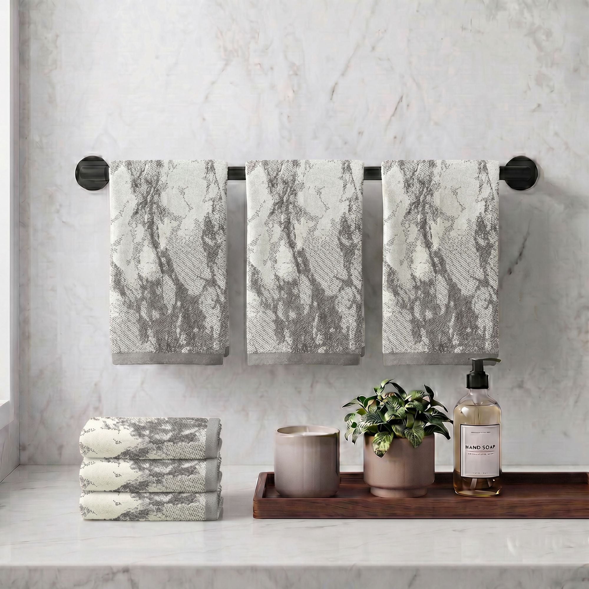 Superior Marble Pattern Cotton 6-Piece Hand Towel Set, 6-Pack, Ivory - Charcoal