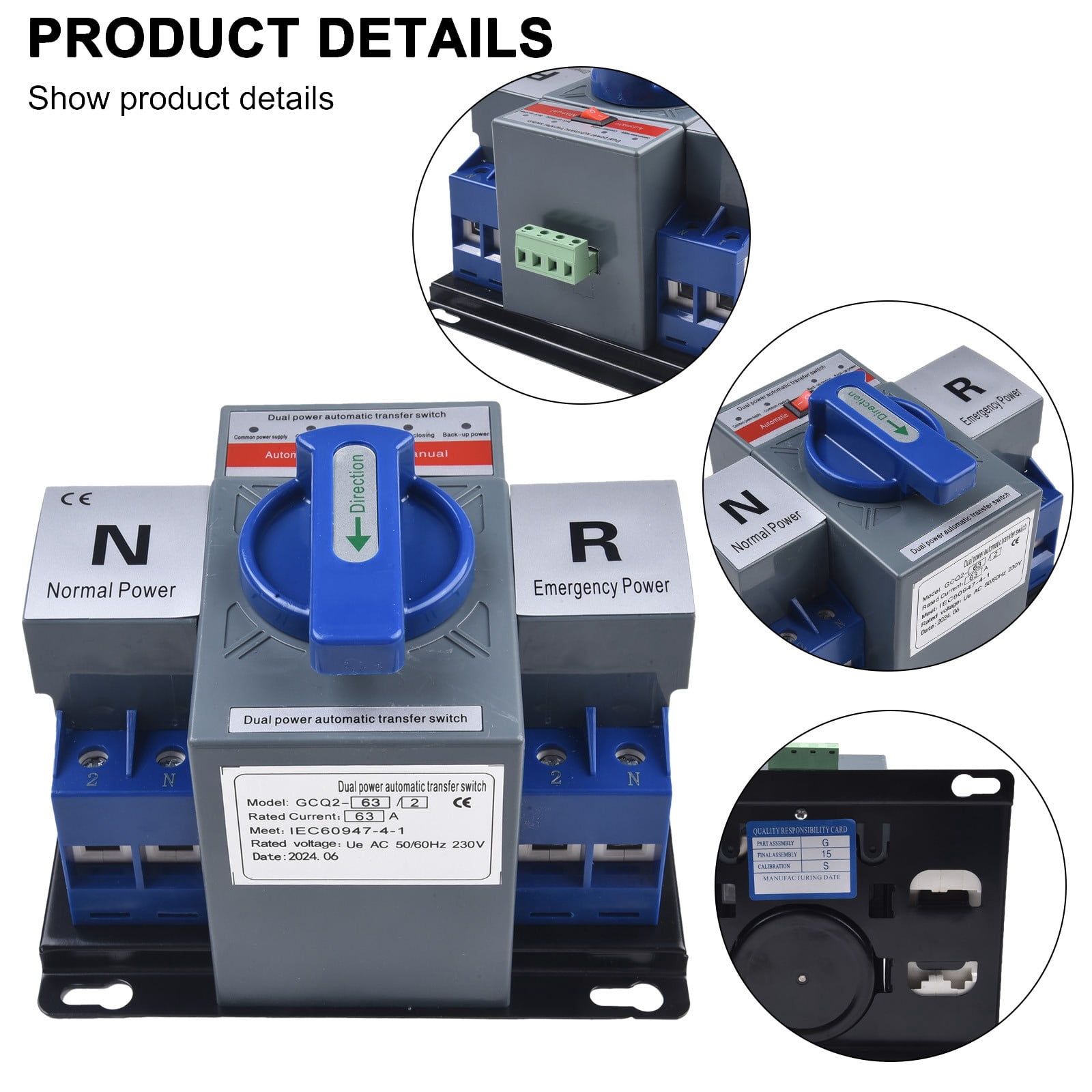 63A 2P ATS Dual Power Automatic Transfer Switch Generator Changeover Switch