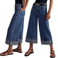 thumbnail image 2 of Women'S Wide Leg Jeans Stretchy Straight Leg Jeans Buttoned Loose Denim Pants with Pocket Deep Blue L, 2 of 9