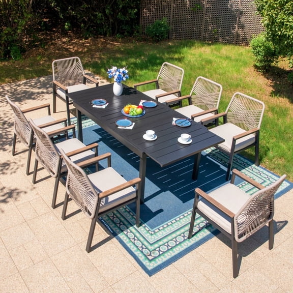 MF Studio 9-Piece Outdoor Dining Set with 8 Cushioned Patio Rattan Chairs and Large Extendable Table, Black and Beige