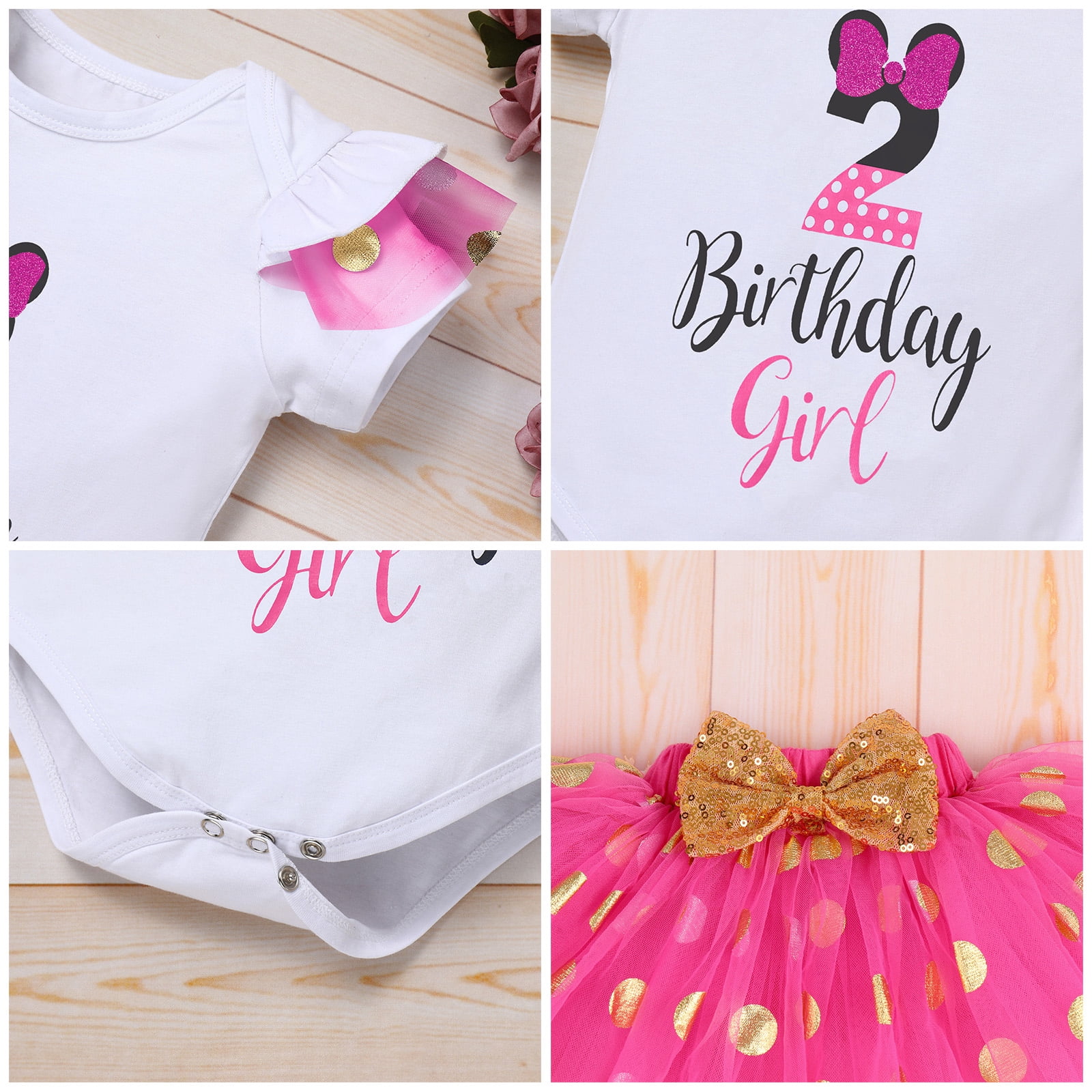 IBTOM CASTLE Toddler Girls 1st 2nd 3rd Birthday Outfit Princess Polka Dots Ruffle Tutu Skirt Mouse Headband Cake Smash Party Clothes Set 2 Years Hot Pink