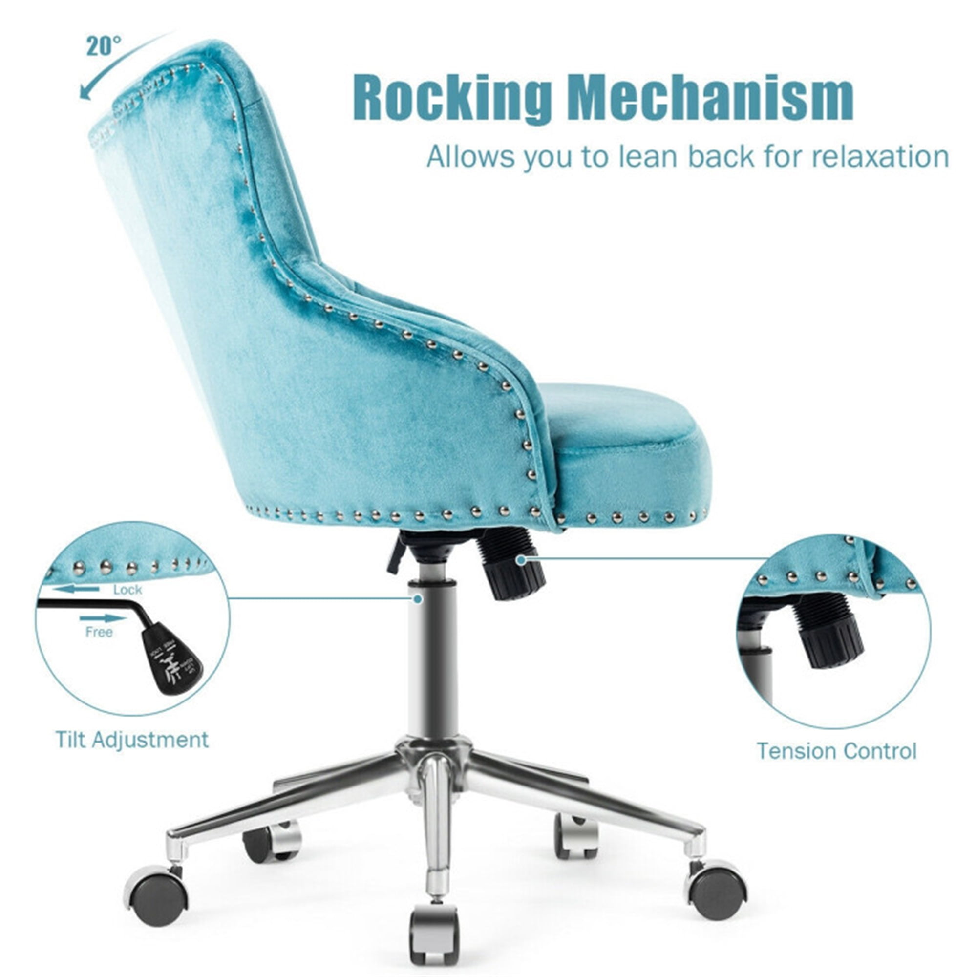 Demi Bonn Tufted Upholstered Swivel Computer Desk Chair with Nailed for Home, Bedroom, Study, Rolling Work Computer Office Chair, Turquoise