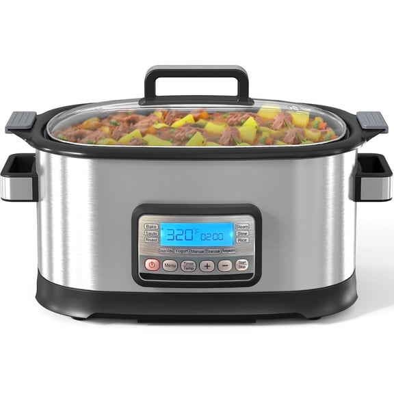 LIANGKA 11 in 1 Multi Slow Cooker Roaster Oven 6.5QT Silver Digital Programmable Multicooker with Rack Nonstick Crock Glass Lid Timer Temp Control Delay Start