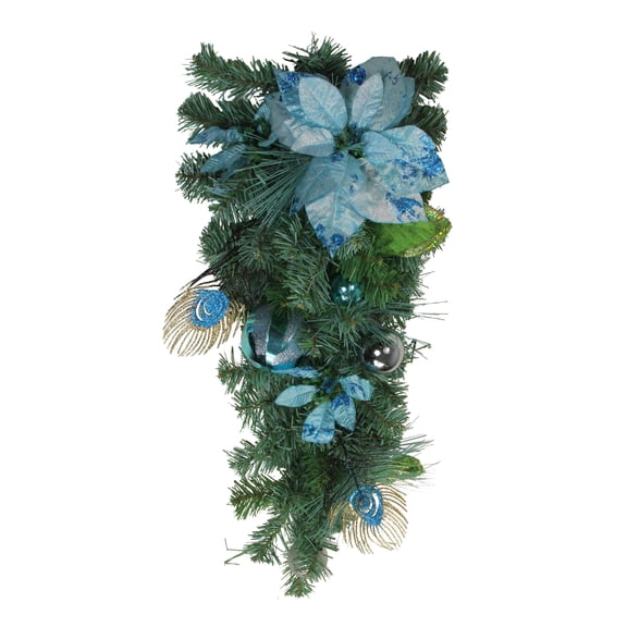22" Peacock Feather and Poinsettia Artificial Christmas Teardrop Swag, Unlit