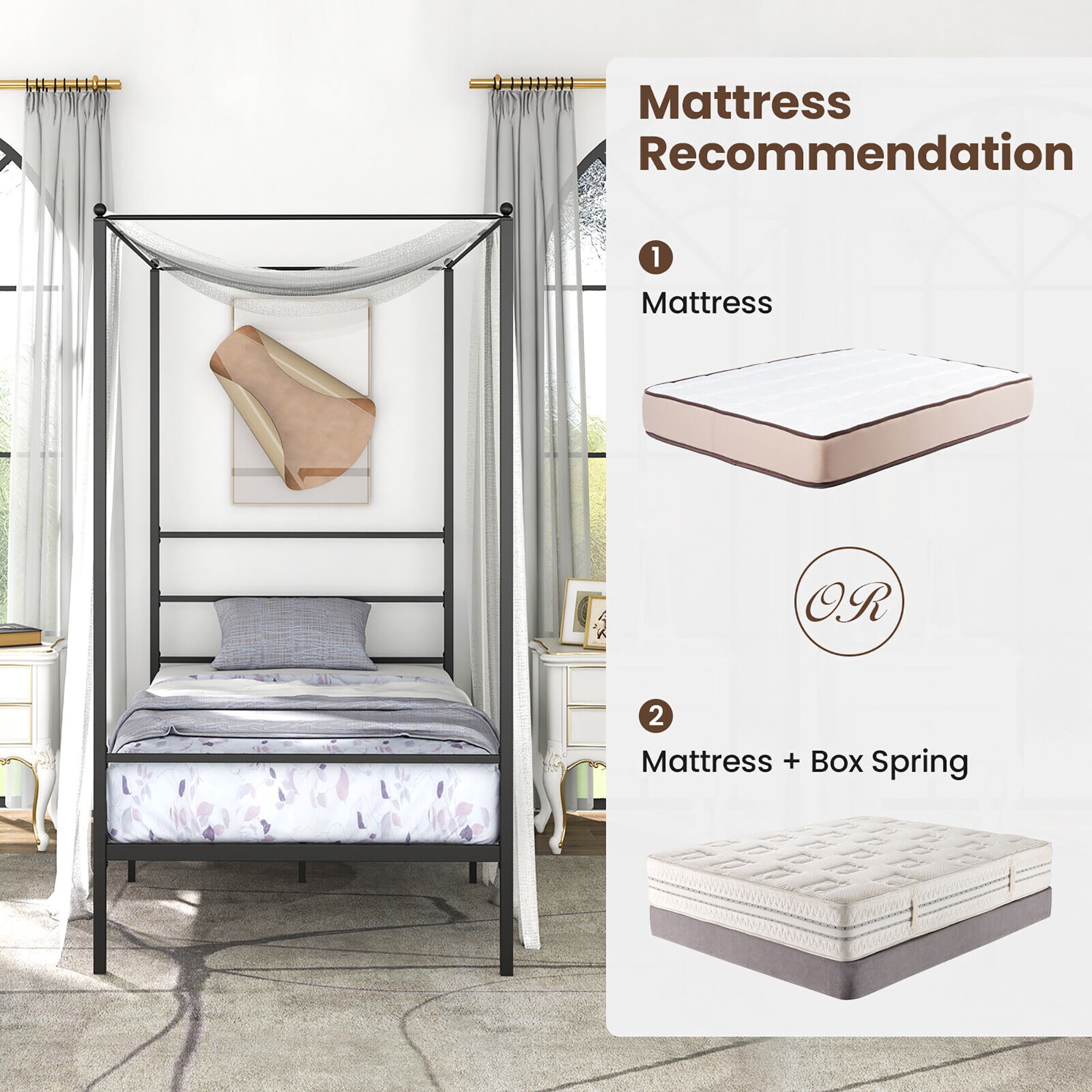 Gymax Twin Metal Canopy Platform Bed Frame Mattress Foundation w/ Slat Support