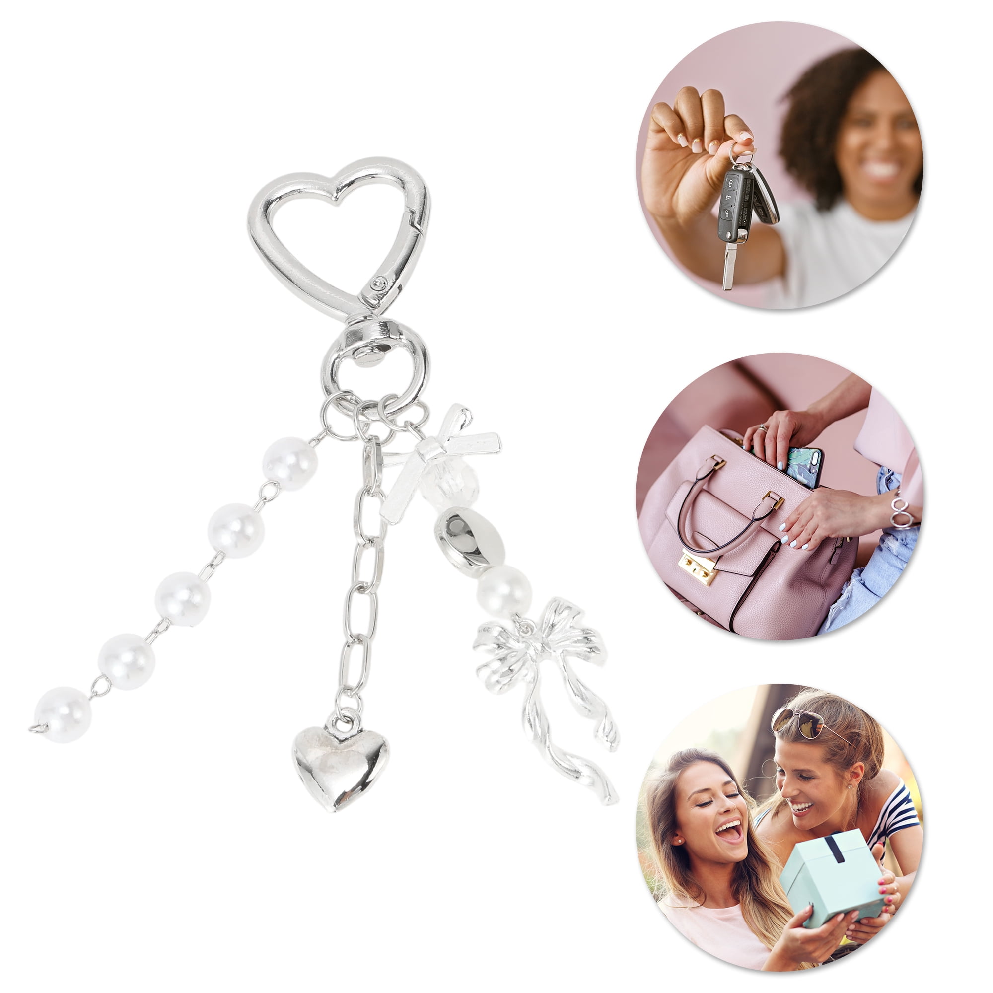 Unique Bargains Heart Bow Handbag Charm Keychain 1 Pc for Bags Silver Tone