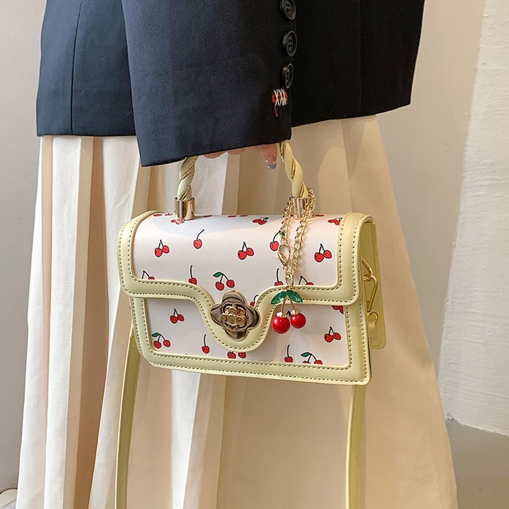Juoxeepy Crossbody Purse Cute Cherry Print Handbag for Women Shoulder Bag Trendy Satchel Bag Purse with Flap Closure