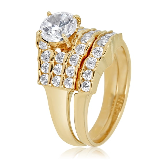 AVORA 10K Yellow Gold 1.25 Carat 3-Row Simulated Diamond CZ Wide Band Anniversary Bridal Engagement Wedding Band Ring Set  - Size 7