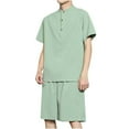 thumbnail image 4 of USNSM Men's Plus Size Linen T-Shirt&Shorts 2 PC Sets Stand Neck Half Button Short Sleeve Pullover Shirt & Lace-Up Elastic Waist Short Pants Homewear Suits Casual Beach Outfits Green 5XL, 4 of 5