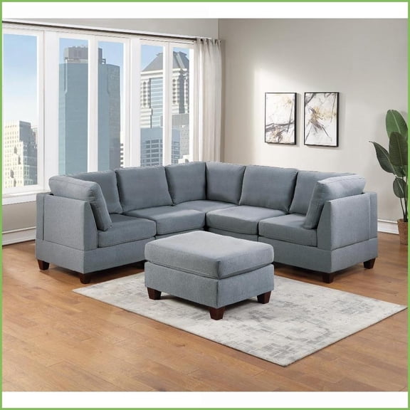 6pc Modular Sectional Sofa Set - Modern Grey Linen-Like Fabric Living Room Couch with Ottoman & Versatile Layout | Grey | Fabric | Cushion Back