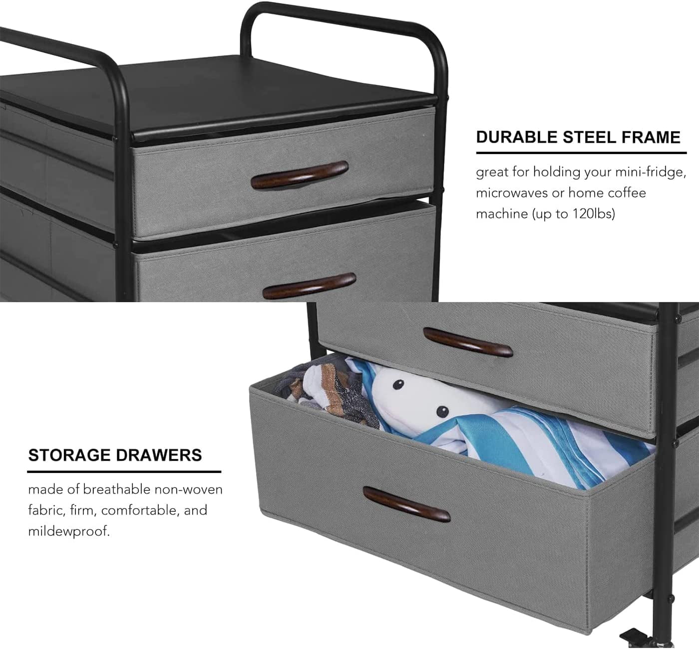 Mini Fridge Stand with Storage, 2 Drawer Fridge Cart Organizer Unit for Kitchen, Metal Frame and Fabric Drawers, Mobile Fridge Table with 4 Swivel Wheels